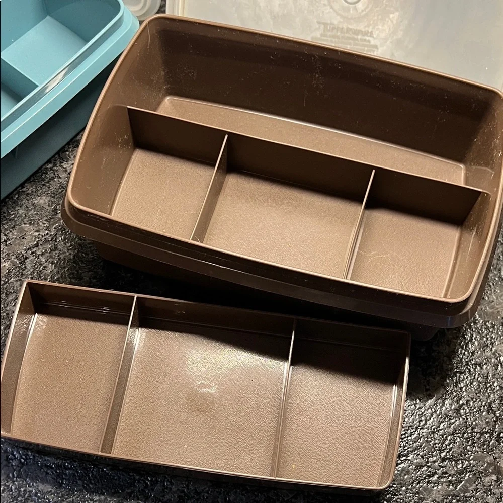 Brown and Blue Storage Containers with Lids